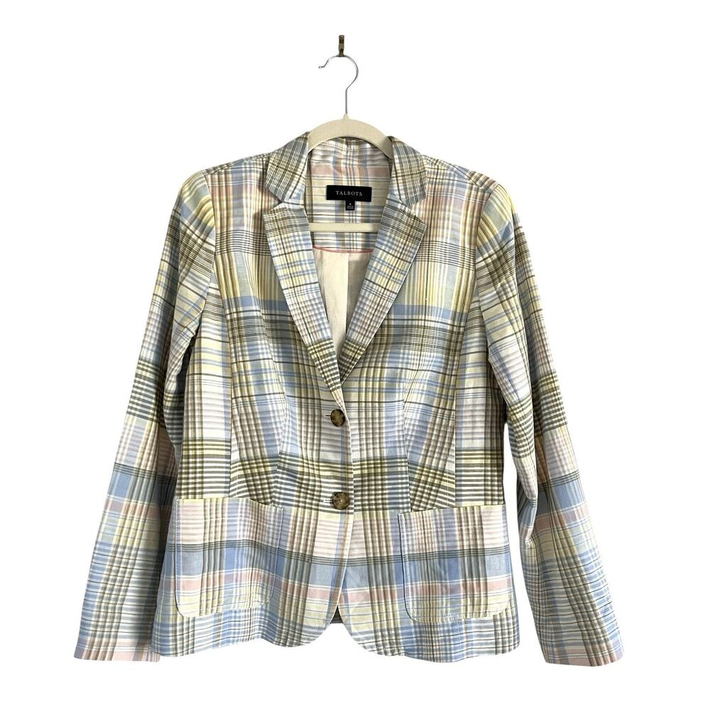 Talbots Linen cotton blend Blazer Pastel Plaid Sz 4 classic chic Coastal Jacket - Picture 2 of 11
